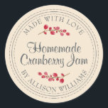 Christmas Homemade Cranberry Jam Canning Ivory Classic Round Sticker<br><div class="desc">Rustic and modern homemade Christmas jam canning cranberry jam jar sticker with the text made with love, homemade cranberry jam and your name in modern script on an ivory background with a stylish touch of cranberries. Simply add your name and the product name to the label. Exclusively designed for you...</div>