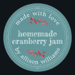 Christmas Homemade Cranberry Jam Canning Teal Classic Round Sticker<br><div class="desc">Rustic and modern homemade Christmas jam canning cranberry jam jar sticker with the text made with love, homemade cranberry jam and your name in modern script on a teal background with a stylish touch of cranberries. Simply add your name and the product name to the label. Exclusively designed for you...</div>