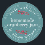 Christmas Homemade Cranberry Jam Canning Teal Classic Round Sticker<br><div class="desc">Rustic and modern homemade Christmas jam canning cranberry jam jar sticker with the text made with love, homemade cranberry jam and your name in modern script on a teal background with a stylish touch of cranberries. Simply add your name and the product name to the label. Exclusively designed for you...</div>