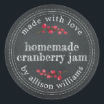 Christmas Homemade Cranberry Jam Chalkboard Classic Round Sticker<br><div class="desc">Rustic and modern homemade Christmas jam canning cranberry jam jar sticker with the text made with love, homemade cranberry jam and your name in modern script on a chalkboard background. Simply add your name and the product name to the label. Exclusively designed for you by Happy Dolphin Studio. If you...</div>