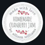 Christmas Homemade Cranberry Jam Classic Round Sti Classic Round Sticker<br><div class="desc">Rustic and modern homemade Christmas jam canning cranberry jam jar sticker with the text made with love, homemade cranberry jam and your name in modern stylish script typography on a white background with a stylish touch of cranberries. Simply add your name and the product name to the label. Exclusively designed...</div>