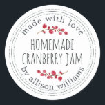 Christmas Homemade Cranberry Jam Classic Round Sti Classic Round Sticker<br><div class="desc">Rustic and modern homemade Christmas jam canning cranberry jam jar sticker with the text made with love, homemade cranberry jam and your name in modern stylish script typography on a white background with a stylish touch of cranberries. Simply add your name and the product name to the label. Exclusively designed...</div>