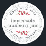 Christmas Homemade Cranberry Jam Classic Round Sticker<br><div class="desc">Rustic and modern homemade Christmas jam canning cranberry jam jar sticker with the text made with love, homemade cranberry jam and your name in modern script on a white background with a stylish touch of cranberries. Simply add your name and the product name to the label. Exclusively designed for you...</div>
