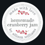 Christmas Homemade Cranberry Jam Classic Round Sticker<br><div class="desc">Rustic and modern homemade Christmas jam canning cranberry jam jar sticker with the text made with love, homemade cranberry jam and your name in modern script on a white background with a stylish touch of cranberries. Simply add your name and the product name to the label. Exclusively designed for you...</div>