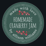 Christmas Homemade Cranberry Jam Dark Green Classic Round Sticker<br><div class="desc">Rustic and modern homemade Christmas jam canning cranberry jam jar sticker with the text made with love, homemade cranberry jam and your name in modern stylish script typography on a dark green background with a stylish touch of cranberries. Simply add your name and the product name to the label. Exclusively...</div>