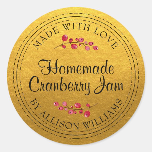 Christmas Homemade Cranberry Jam Gold Classic Round Sticker (Front)