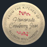 Christmas Homemade Cranberry Jam Gold Classic Round Sticker<br><div class="desc">Rustic, chic and modern homemade Christmas jam canning cranberry jam jar sticker with the text from the kitchen of, homemade cranberry jam and your name in black chic script calligraphy and modern typography on a champagne gold background with a stylish touch of cranberries. Simply add your name and the product...</div>