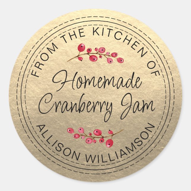 Christmas Homemade Cranberry Jam Gold Classic Round Sticker (Front)