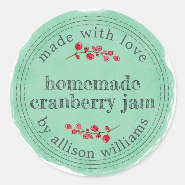Christmas Homemade Cranberry Jam Green Watercolor Classic Round Sticker (Front)