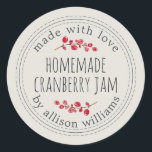 Christmas Homemade Cranberry Jam Light Grey Classic Round Sticker<br><div class="desc">Rustic and modern homemade Christmas jam canning cranberry jam jar sticker with the text made with love, homemade cranberry jam and your name in modern stylish script typography on a light grey background with a stylish touch of cranberries. Simply add your name and the product name to the label. Exclusively...</div>