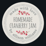 Christmas Homemade Cranberry Jam Light Grey Classic Round Sticker<br><div class="desc">Rustic and modern homemade Christmas jam canning cranberry jam jar sticker with the text made with love, homemade cranberry jam and your name in modern stylish script typography on a light grey background with a stylish touch of cranberries. Simply add your name and the product name to the label. Exclusively...</div>