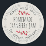 Christmas Homemade Cranberry Jam Light Grey Classic Round Sticker<br><div class="desc">Rustic and modern homemade Christmas jam canning cranberry jam jar sticker with the text made with love, homemade cranberry jam and your name in modern stylish script typography on a light grey background with a stylish touch of cranberries. Simply add your name and the product name to the label. Exclusively...</div>