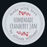 Christmas Homemade Cranberry Jam Pastel Blue Classic Round Sticker<br><div class="desc">Rustic and modern homemade Christmas jam canning cranberry jam jar sticker with the text made with love, homemade cranberry jam and your name in modern stylish script typography on a pastel blue background with a stylish touch of cranberries. Simply add your name and the product name to the label. Exclusively...</div>