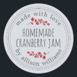 Christmas Homemade Cranberry Jam Pastel Blue Classic Round Sticker<br><div class="desc">Rustic and modern homemade Christmas jam canning cranberry jam jar sticker with the text made with love, homemade cranberry jam and your name in modern stylish script typography on a pastel blue background with a stylish touch of cranberries. Simply add your name and the product name to the label. Exclusively...</div>