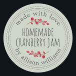 Christmas Homemade Cranberry Jam Pastel Green Classic Round Sticker<br><div class="desc">Rustic and modern homemade Christmas jam canning cranberry jam jar sticker with the text made with love, homemade cranberry jam and your name in modern stylish script typography on a pastel green background with a stylish touch of cranberries. Simply add your name and the product name to the label. Exclusively...</div>