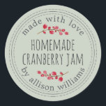 Christmas Homemade Cranberry Jam Pastel Green Classic Round Sticker<br><div class="desc">Rustic and modern homemade Christmas jam canning cranberry jam jar sticker with the text made with love, homemade cranberry jam and your name in modern stylish script typography on a pastel green background with a stylish touch of cranberries. Simply add your name and the product name to the label. Exclusively...</div>