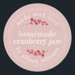 Christmas Homemade Cranberry Jam Pink Classic Round Sticker<br><div class="desc">Rustic and modern homemade Christmas jam canning cranberry jam jar sticker with the text made with love, homemade cranberry jam and your name in modern script on a chalkboard background. Simply add your name and the product name to the label. Exclusively designed for you by Happy Dolphin Studio. If you...</div>