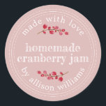 Christmas Homemade Cranberry Jam Pink Classic Round Sticker<br><div class="desc">Rustic and modern homemade Christmas jam canning cranberry jam jar sticker with the text made with love, homemade cranberry jam and your name in modern script on a chalkboard background. Simply add your name and the product name to the label. Exclusively designed for you by Happy Dolphin Studio. If you...</div>