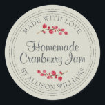 Christmas Homemade Cranberry Jam Sage Green Classic Round Sticker<br><div class="desc">Rustic and modern homemade Christmas jam canning cranberry jam jar sticker with the text made with love, homemade cranberry jam and your name in modern script on a sage green background with a stylish touch of cranberries. Simply add your name and the product name to the label. Exclusively designed for...</div>