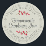 Christmas Homemade Cranberry Jam Sage Green Classic Round Sticker<br><div class="desc">Rustic and modern homemade Christmas jam canning cranberry jam jar sticker with the text made with love, homemade cranberry jam and your name in modern script on a sage green background with a stylish touch of cranberries. Simply add your name and the product name to the label. Exclusively designed for...</div>