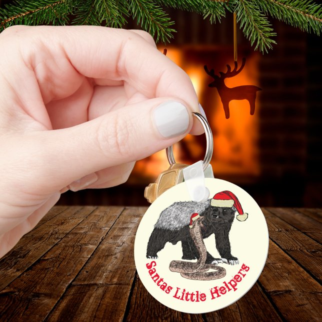 Christmas Honey Badger and Snake Funny Quote Key Ring (Christmas honey badger and snake wearing Santa hats funny quote)