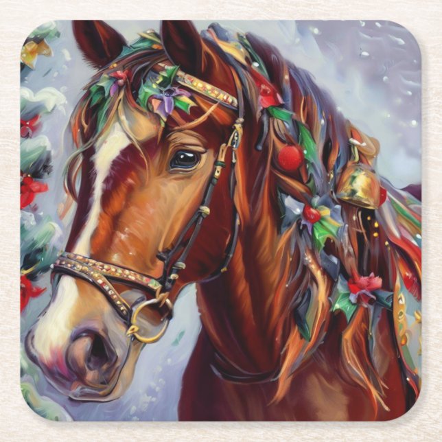 Christmas Horse 2 Square Paper Coaster (Front)