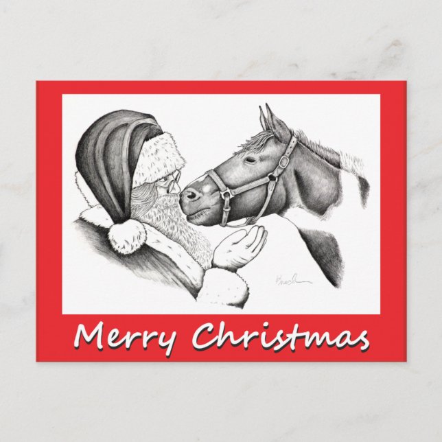 Christmas Horse and Saanta Claus Holiday Postcard (Front)