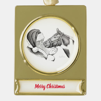 Christmas Horse and Santa Claus Gold Plated Banner Ornament