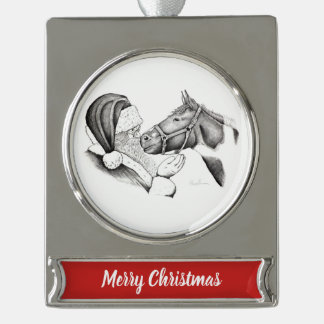 Christmas Horse and Santa Claus Silver Plated Banner Ornament