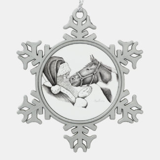 Christmas Horse and Santa Claus Snowflake Pewter Christmas Ornament