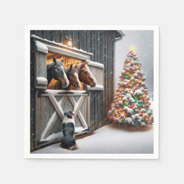 Christmas Horse Barn With Australian Shepherd Dog Napkin (Front)