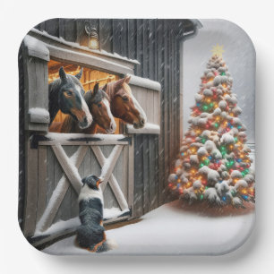 Christmas Horse Barn With Australian Shepherd Dog Paper Plate