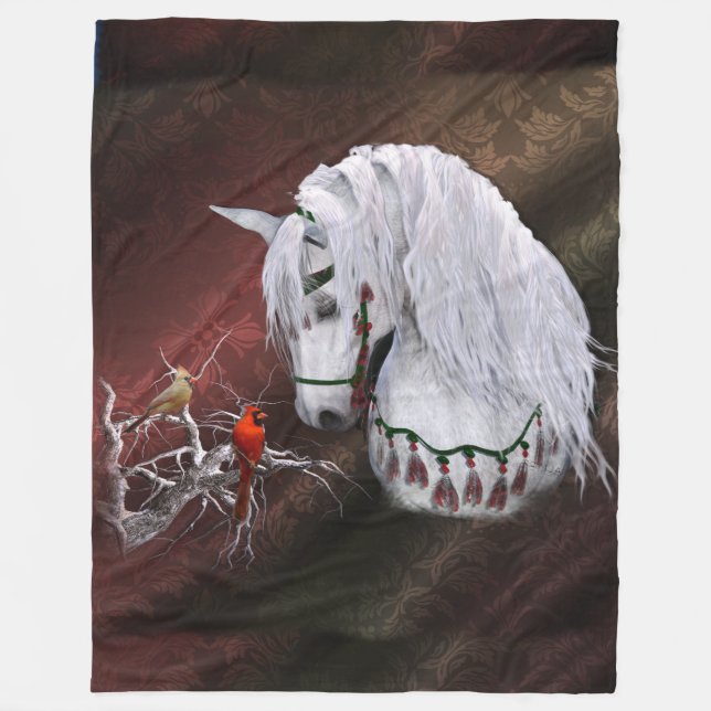 Christmas Horse & Cardinals Fleece Blanket (Front)