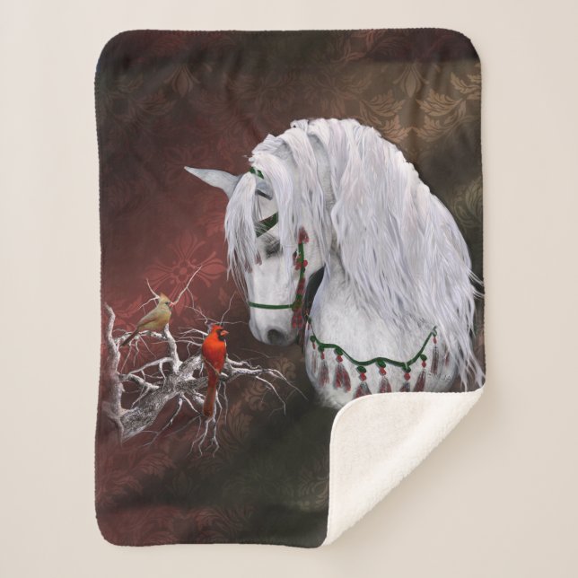 Christmas Horse & Cardinals Sherpa Blanket (Front)