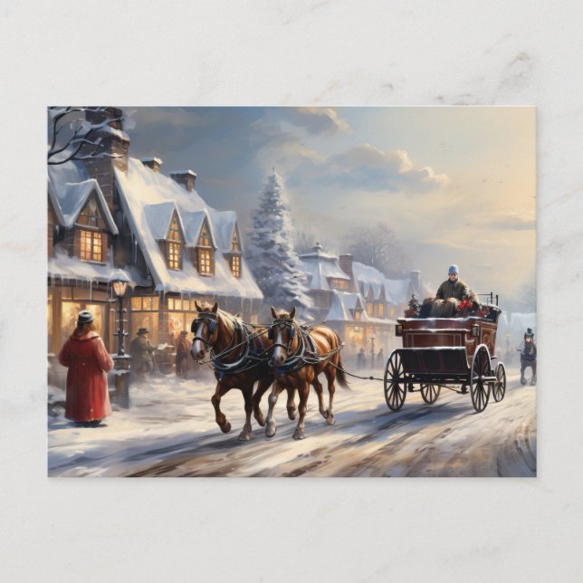 Christmas Horse-Drawn Carriage Street Holiday Postcard (Front)