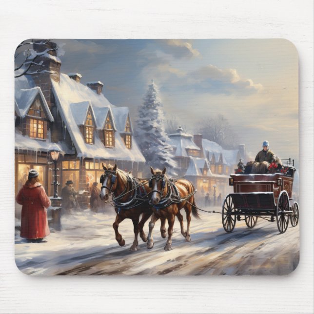 Christmas Horse-Drawn Carriage Street Mouse Mat (Front)