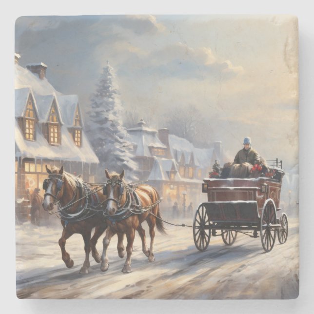 Christmas Horse-Drawn Carriage Street Stone Coaster (Front)