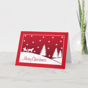 Christmas Horse Drawn Sleigh Snow Scene Red Holiday Card