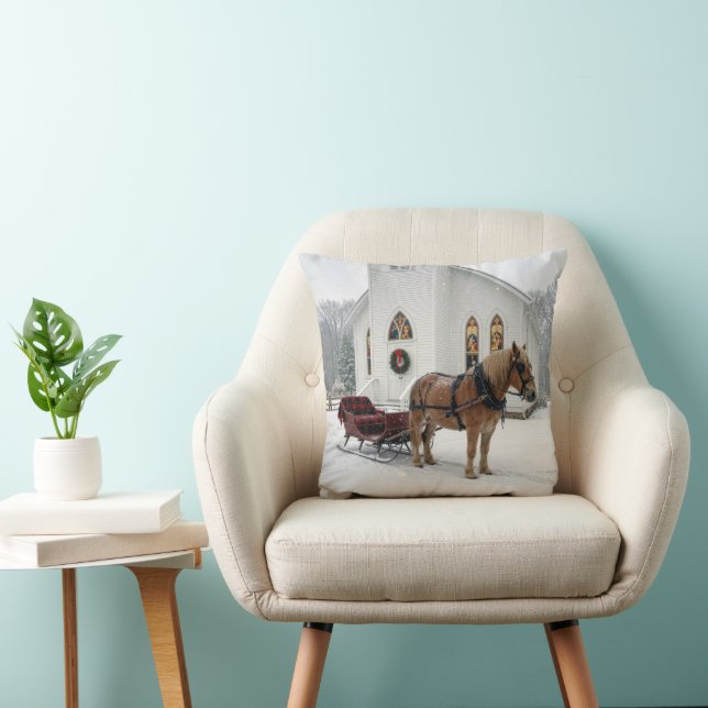Christmas Horse-Drawn Sleigh Waiting By a Chapel Cushion (Chair)