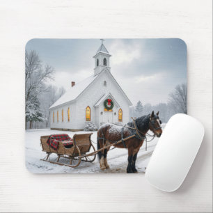 Christmas Horse-Drawn Sleigh Waiting By a Chapel Mouse Mat