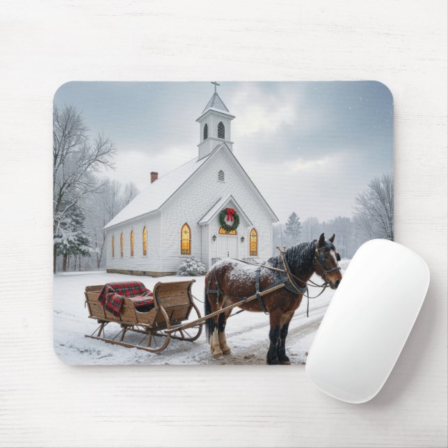 Christmas Horse-Drawn Sleigh Waiting By a Chapel Mouse Mat (With Mouse)