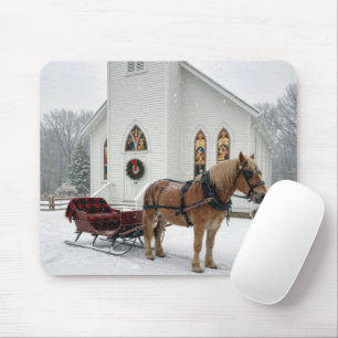 Christmas Horse-Drawn Sleigh Waiting By a Chapel Mouse Mat
