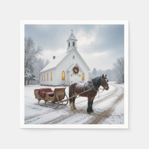 Christmas Horse-Drawn Sleigh Waiting By a Chapel Napkin
