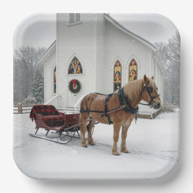 Christmas Horse-Drawn Sleigh Waiting By a Chapel Paper Plate (Front)