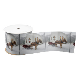 Christmas Horse-Drawn Sleigh Waiting By a Chapel Satin Ribbon