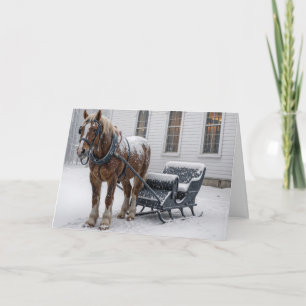 Christmas Horse Harnessed to a Sleigh By a Chapel Card