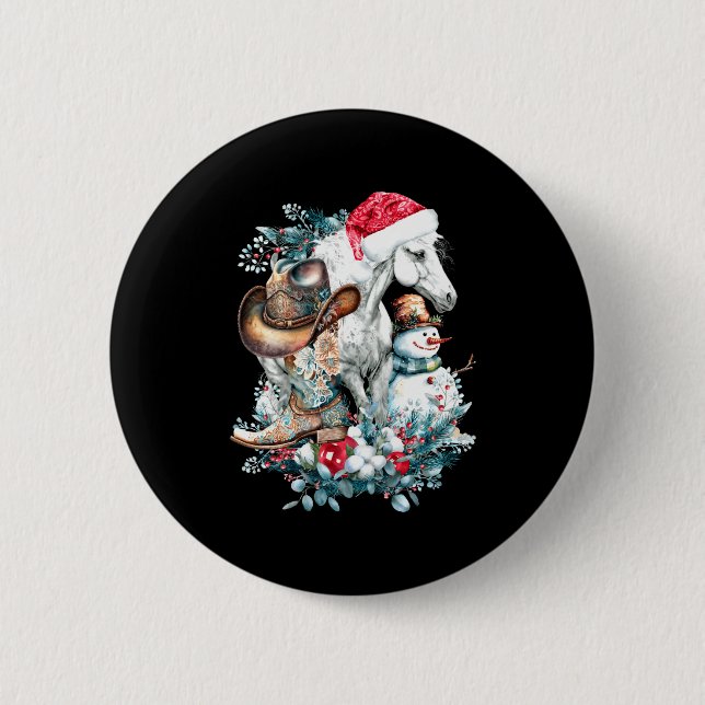 Christmas Horse In Santa Hat Cowgirl Cowboy Boots  6 Cm Round Badge (Front)