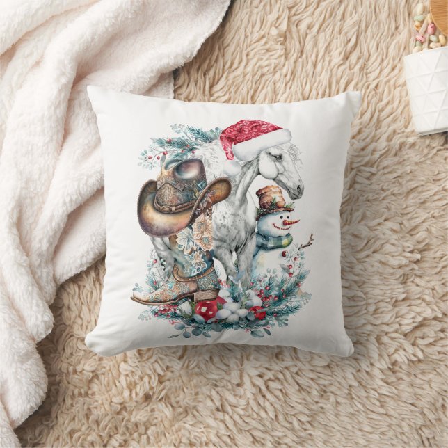 Christmas horse in Santa hat cowgirl cowboy boots  Cushion (Blanket)