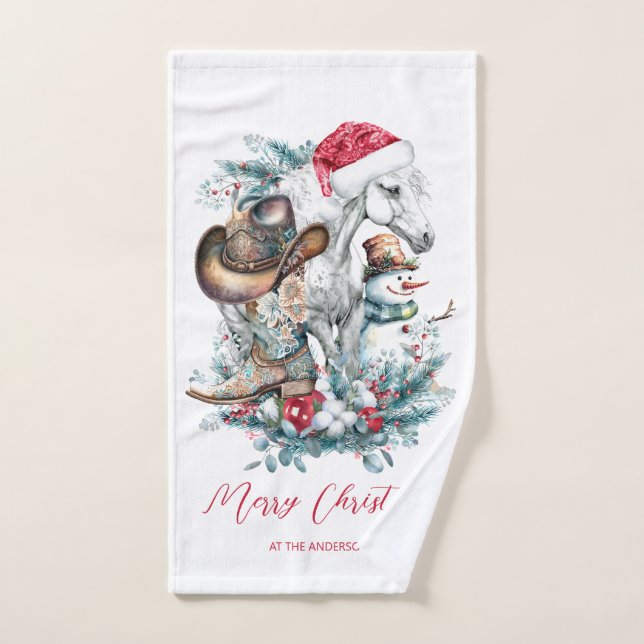 Christmas horse in Santa hat cowgirl cowboy boots  Hand Towel (Hand Towel)