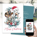 Christmas horse in Santa hat cowgirl cowboy boots  Holiday Card<br><div class="desc">Christmas horse design with a grey (white) horse in Santa hat,  cowgirl,  cowboy boots,  cowboy hat with a cute snowman and decorated pine branches. For horse lovers :)</div>